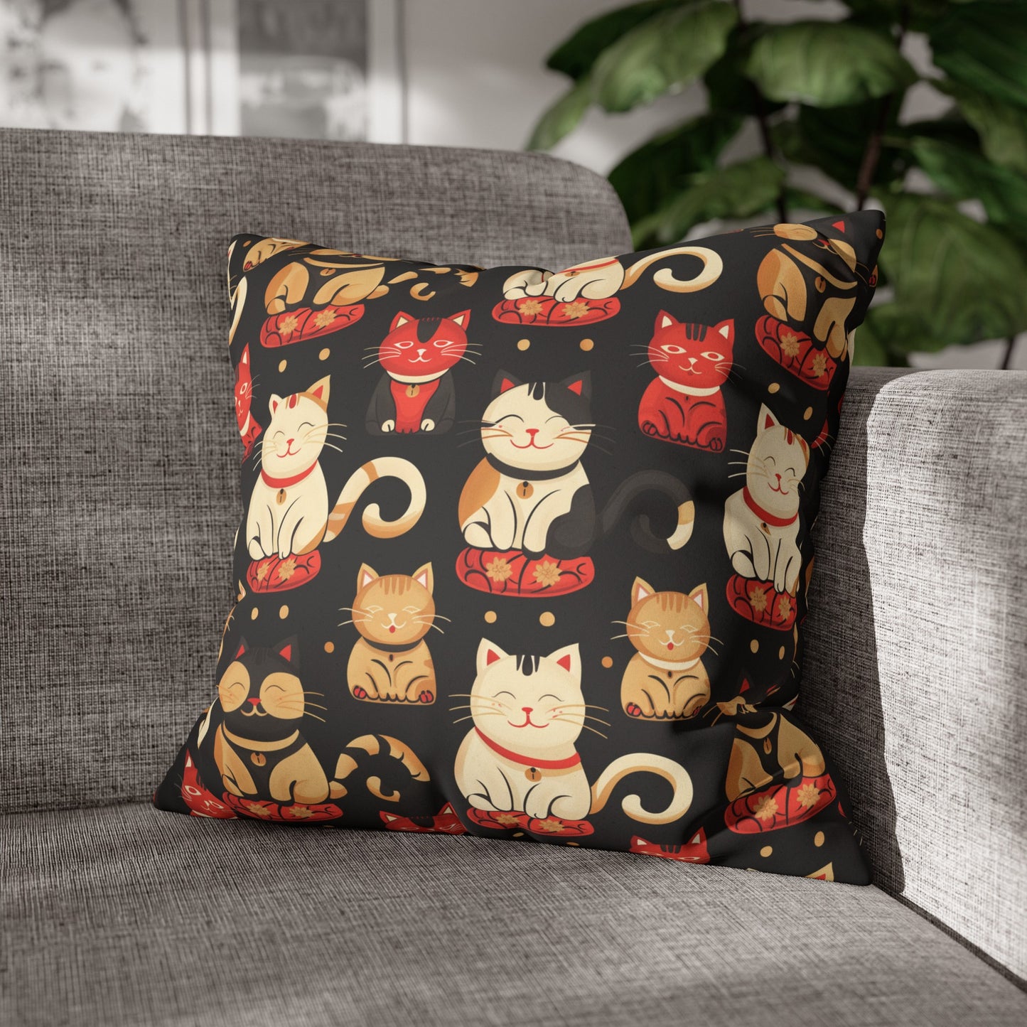 Maneki Neko Lucky Faux Suede Square Pillowcase - Nihon Kollection