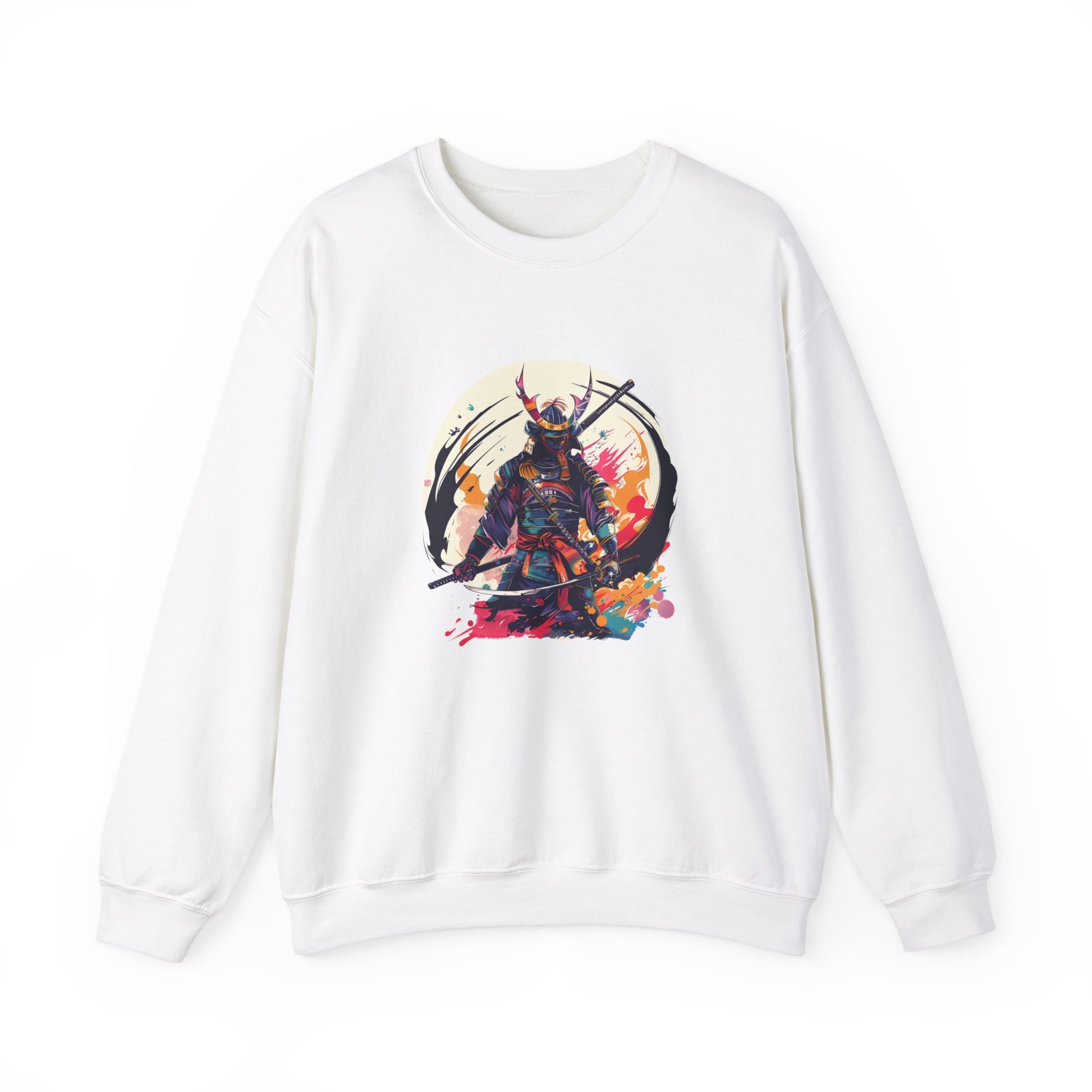 white sweatshirt featuring a colorful cartoon-style illustration of a samurai