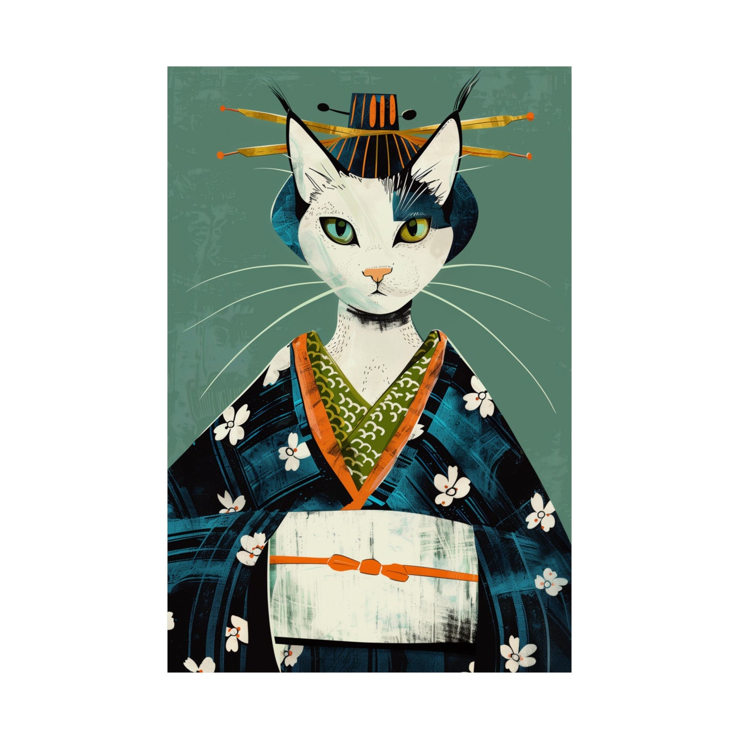 Poster featuring a cat dressed as a geisha in a fauvist style. The cat is depicted with vibrant colors and playful, cartoonish details. The design includes a symmetrical composition, expressive features, and a subtle background in white, green, black, and blue