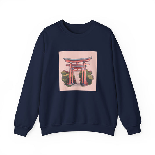 navy Sweatshirt featuring a simple doodle of a torii gate in a cute doodle style, with a pastel color palette