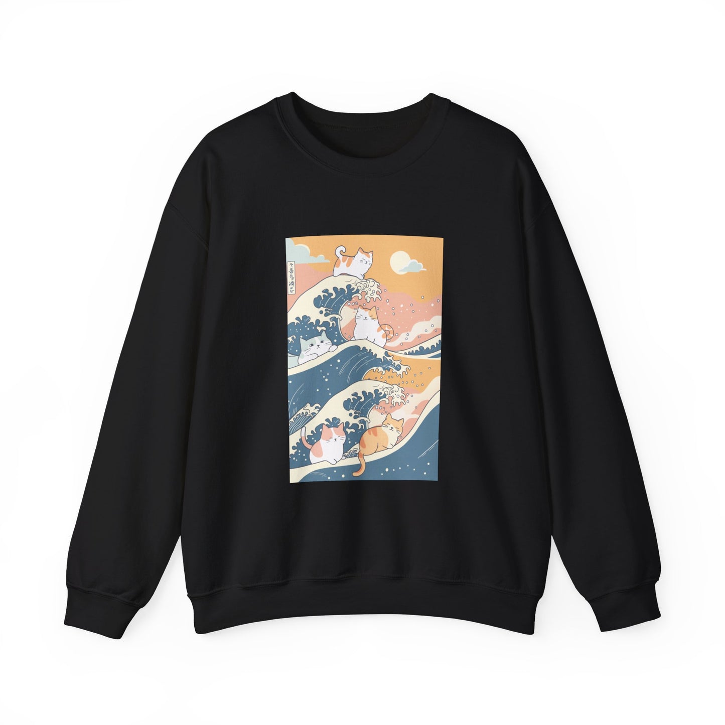 black sweatshirt featuring a simple doodle of cats riding Hokusai's Great Wave in a cute doodle style, with a pastel color palette