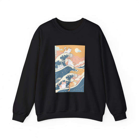 black sweatshirt featuring a simple doodle of cats riding Hokusai's Great Wave in a cute doodle style, with a pastel color palette