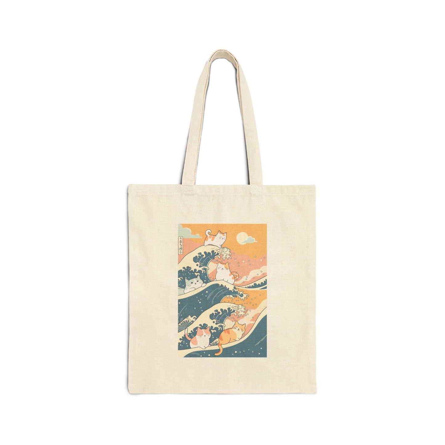 natural tote bag featuring a simple doodle of cats riding Hokusai's Great Wave in a cute doodle style, with a pastel color palette