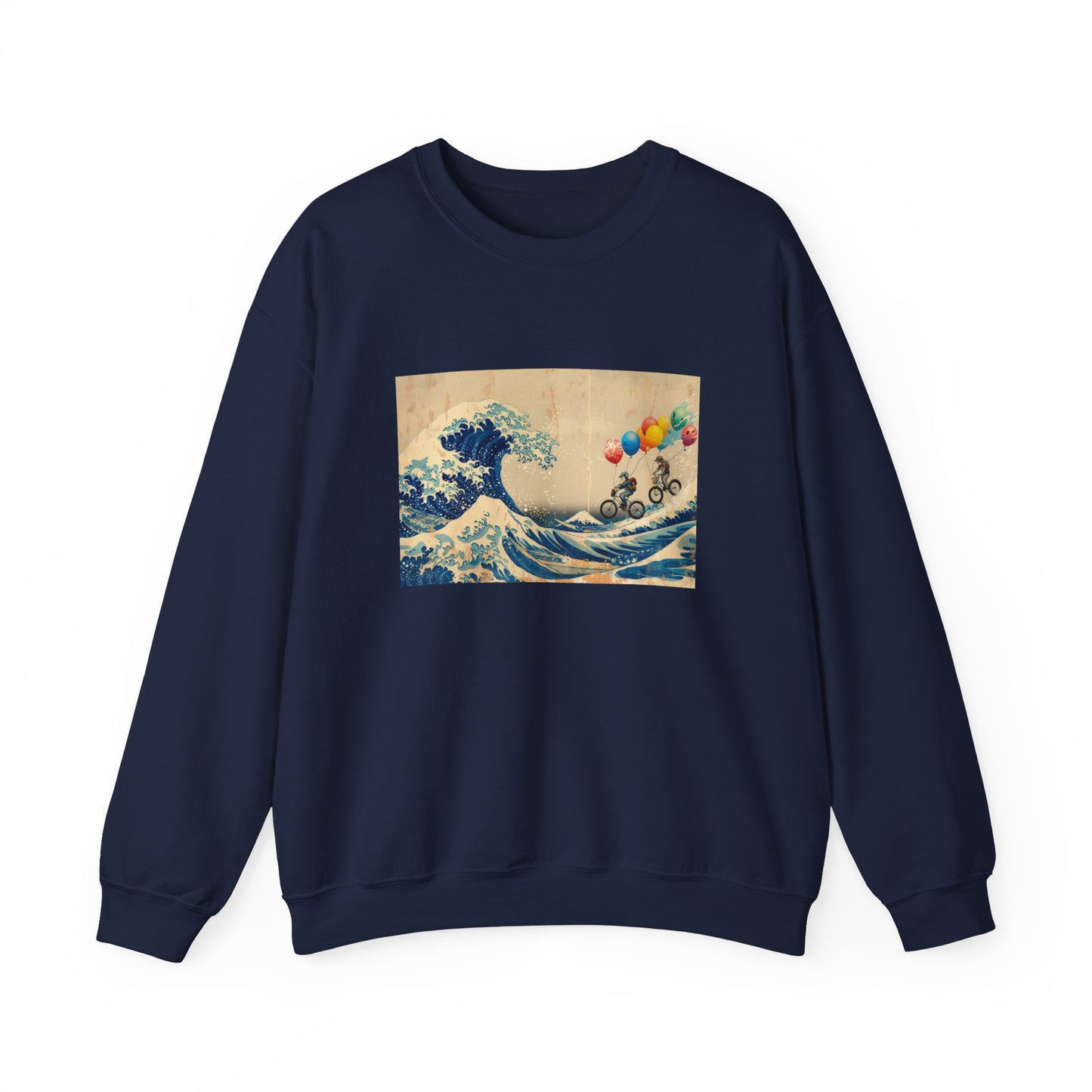 navy blue Sweatshirt featuring a unique design of bicycle riders with balloons superimposed on Hokusai's The Great Wave. The riders are depicted pedaling across the iconic wave, holding colorful balloons that contrast with the traditional blue and white artwork