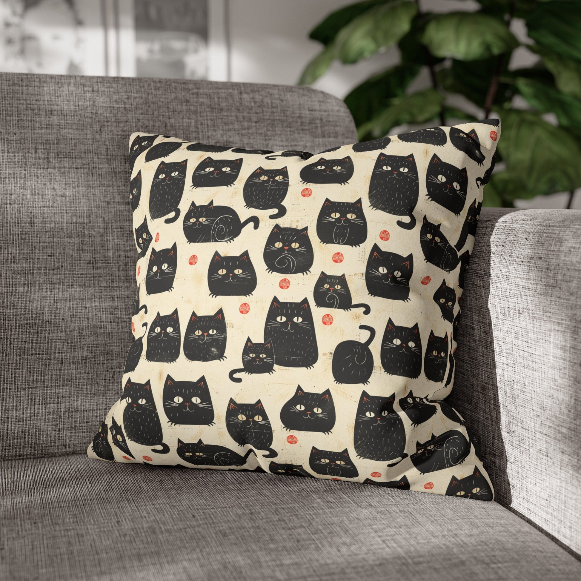 Japanese Black Cat Faux Suede Square Pillowcase - Nihon Kollection