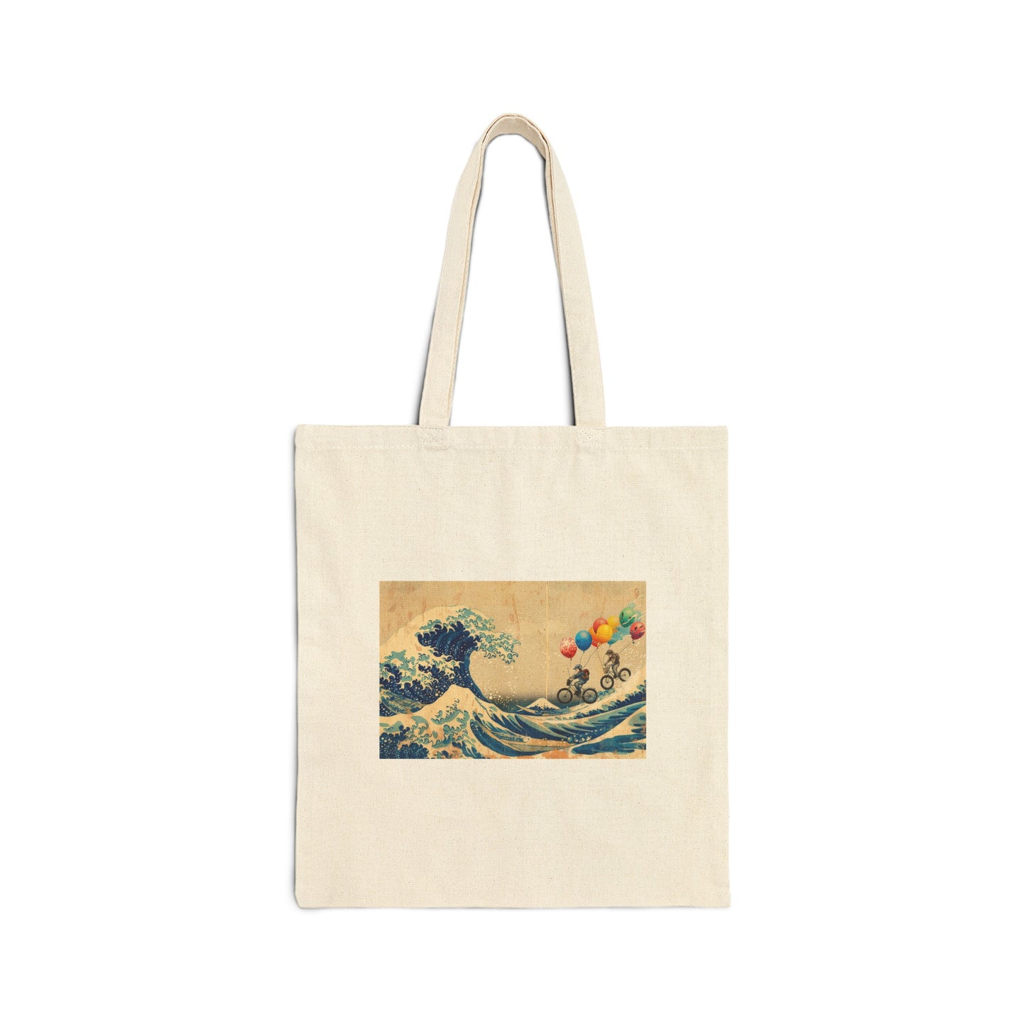 natural canvas tote bag featuring a design of bicycle riders with balloons on Hokusai's The Great Wave. The illustration combines the iconic wave with whimsical cyclists and colorful balloons, creating a unique and artistic composition.