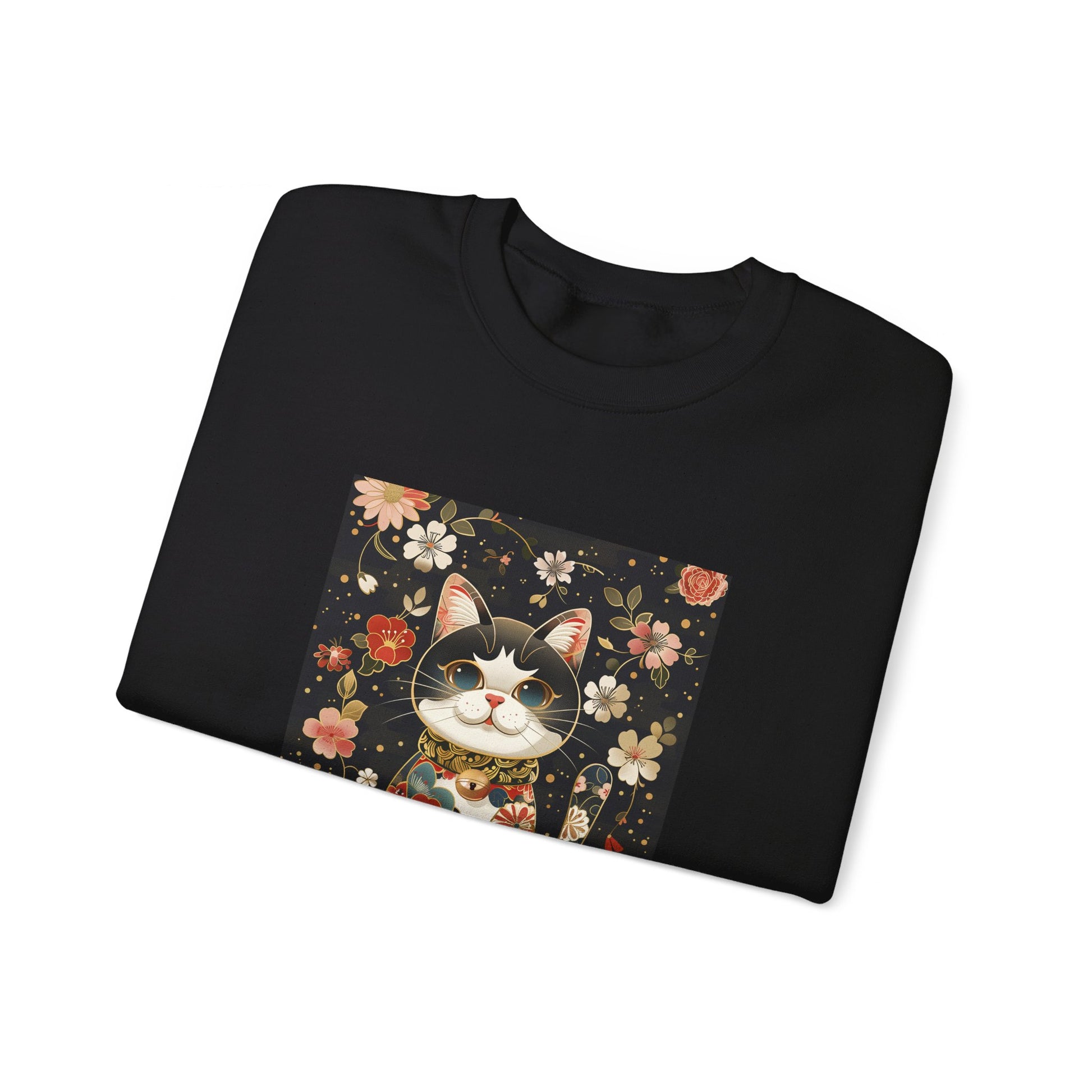 Elegant Maneki Neko Lucky Cat with Flowers Sweatshirt - Nihon Kollection