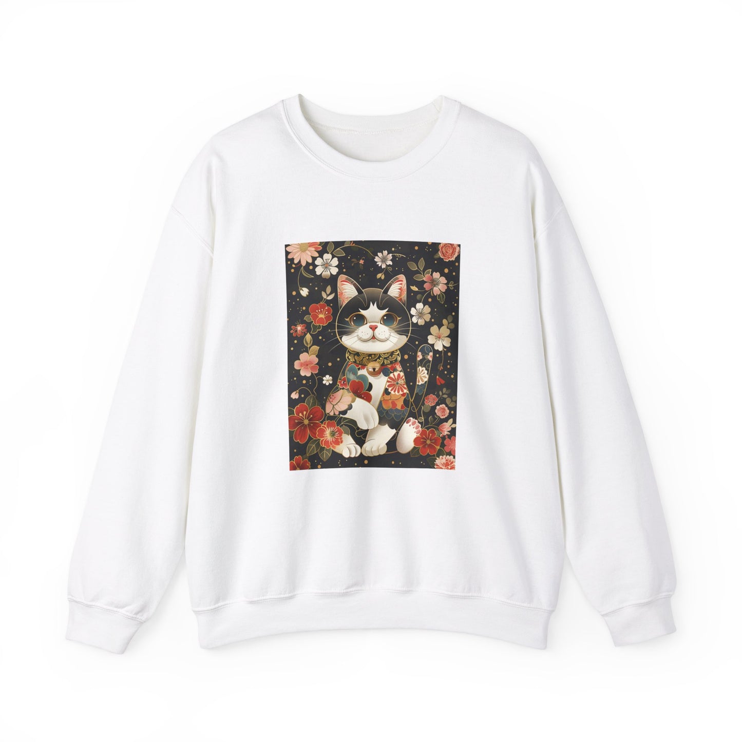 white Sweatshirt featuring an elegant design of a Maneki-neko (lucky cat) with a raised paw, set against a detailed floral background in soft, complementary colors