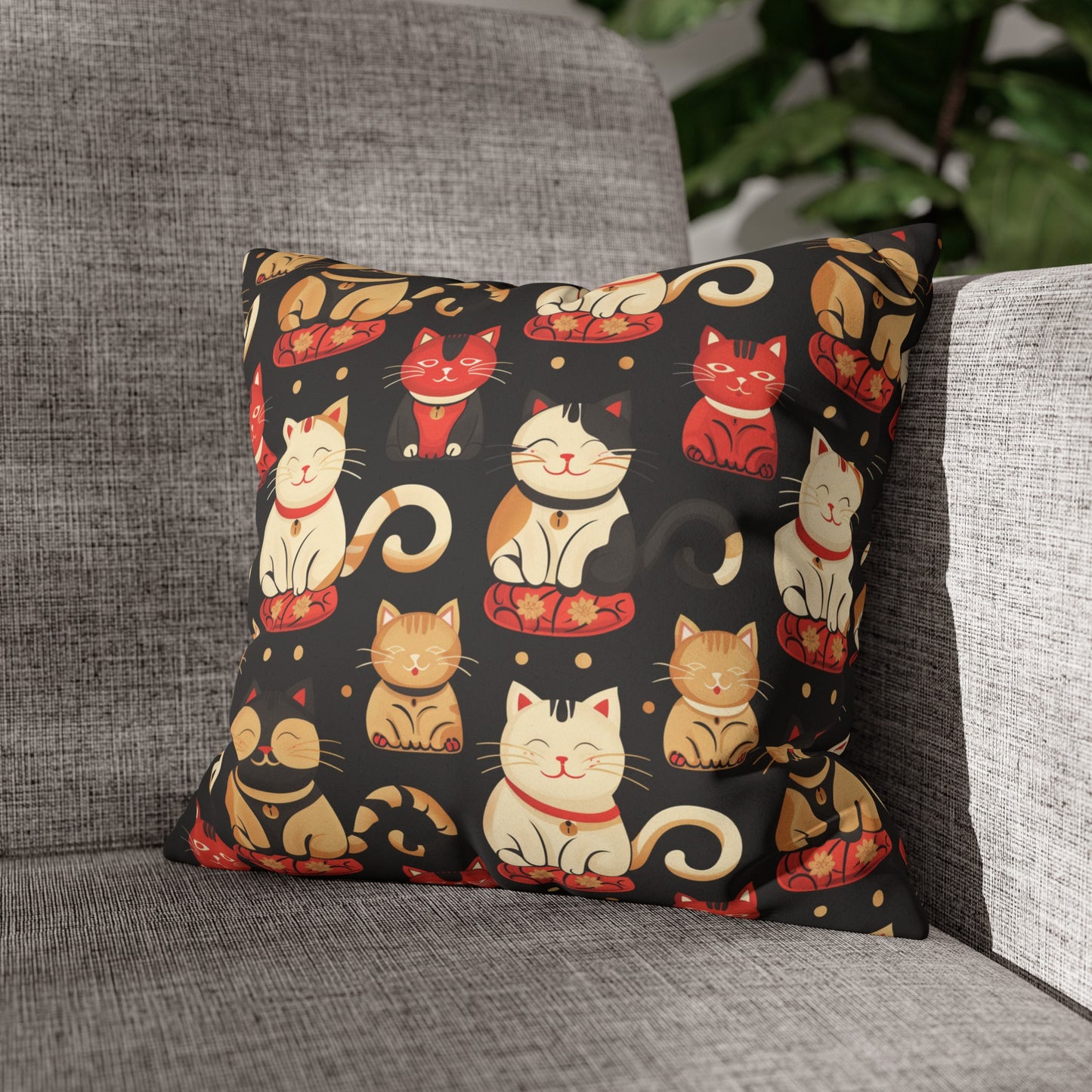 Maneki Neko Lucky Faux Suede Square Pillowcase - Nihon Kollection