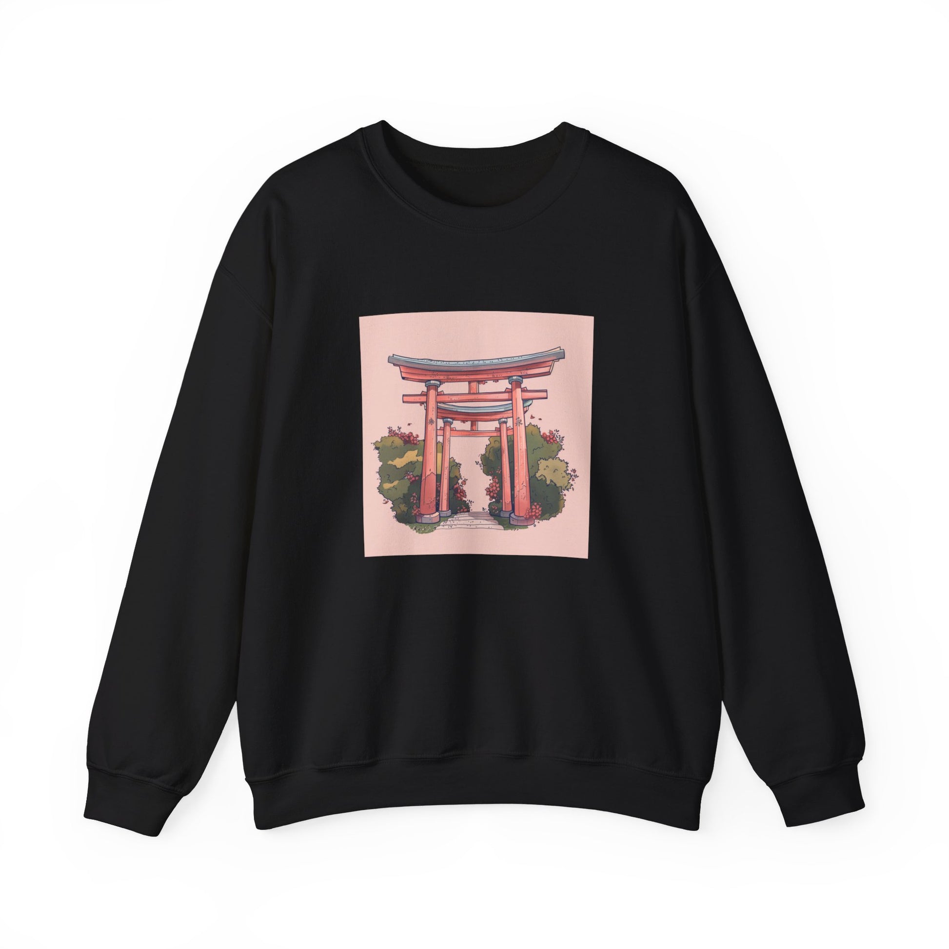 black Sweatshirt featuring a simple doodle of a torii gate in a cute doodle style, with a pastel color palette