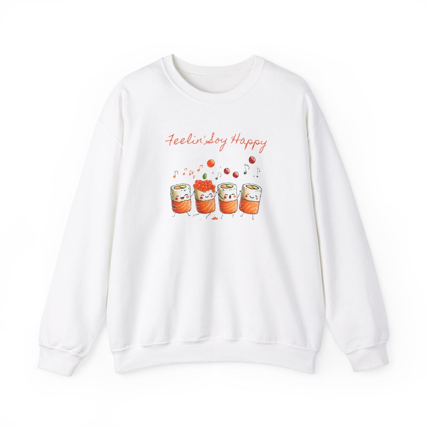 white Sweatshirt featuring a playful design of dancing and singing sushi rolls with happy faces