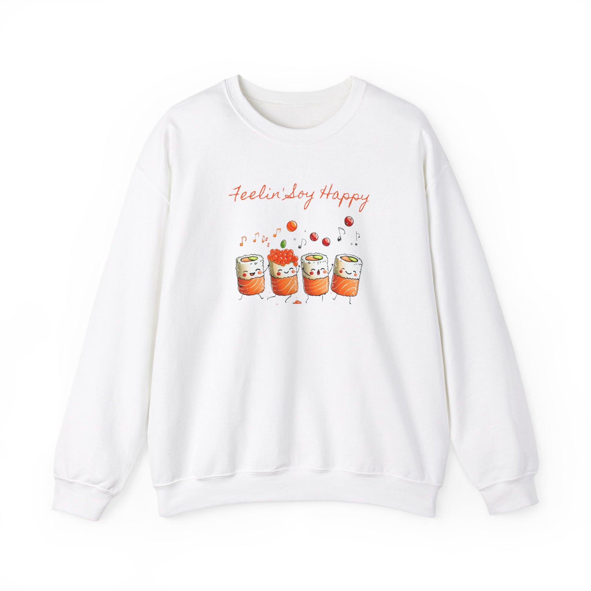 white Sweatshirt featuring a playful design of dancing and singing sushi rolls with happy faces