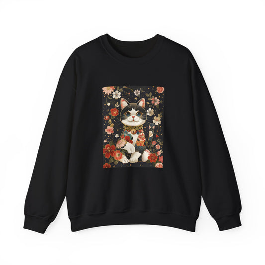 black Sweatshirt featuring an elegant design of a Maneki-neko (lucky cat) with a raised paw, set against a detailed floral background in soft, complementary colors