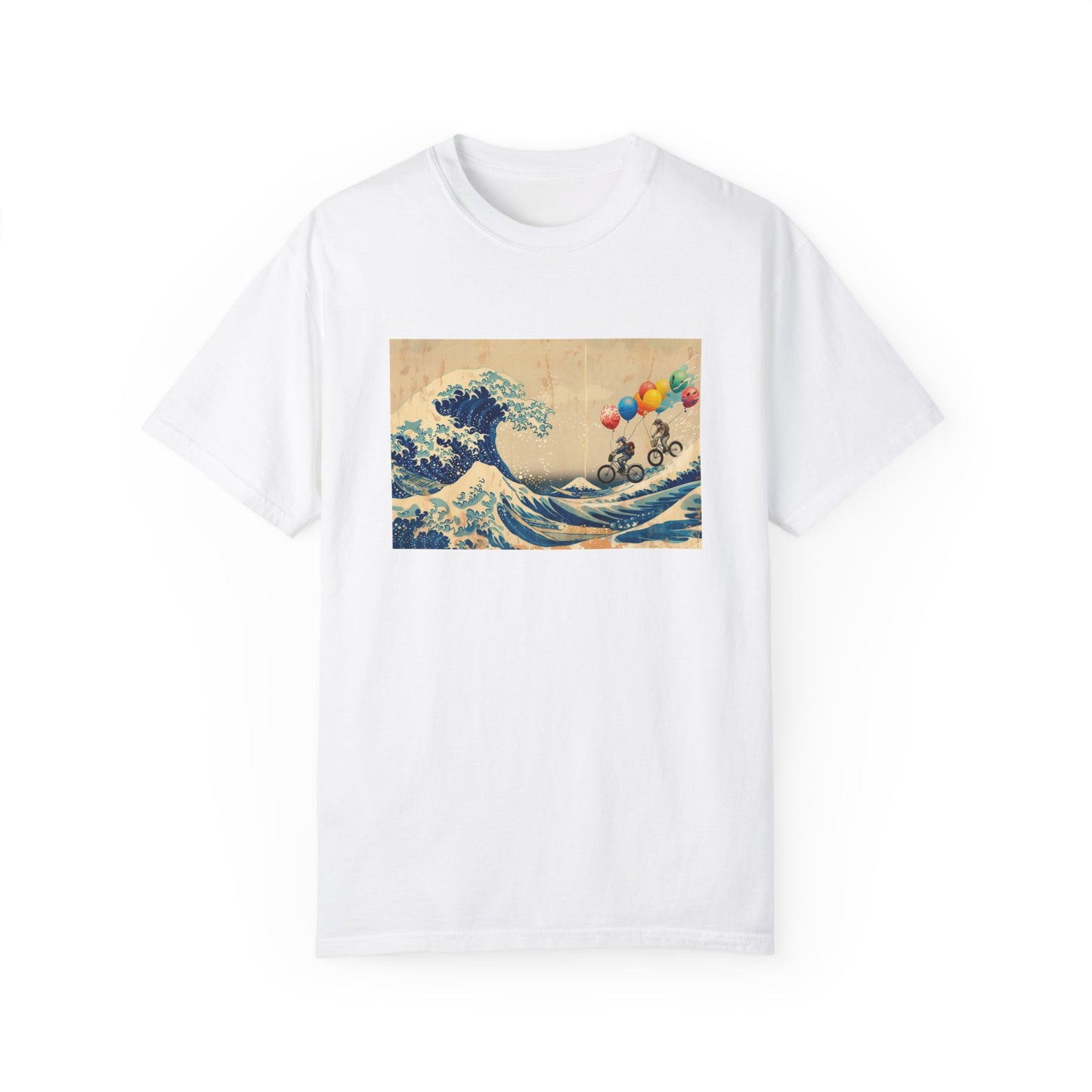 white t-shirt featuring a unique design of bicycle riders with balloons superimposed on Hokusai's The Great Wave. The riders are depicted pedaling across the iconic wave, holding colorful balloons that contrast with the traditional blue and white artwork