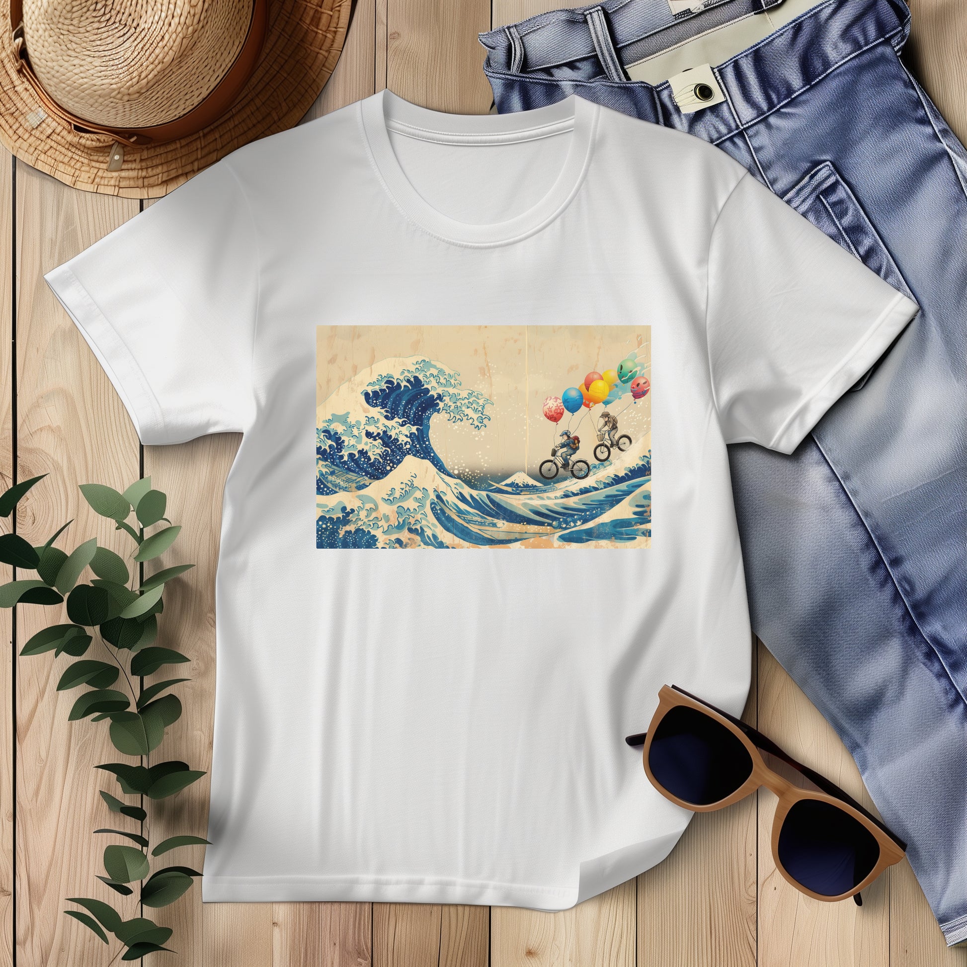 white t-shirt featuring a unique design of bicycle riders with balloons superimposed on Hokusai's The Great Wave. The riders are depicted pedaling across the iconic wave, holding colorful balloons that contrast with the traditional blue and white artwork